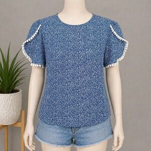 Boho Blue Print Blouse Pom Trim Sleeve Flowy Top Coastal Cottagecore Lightweight